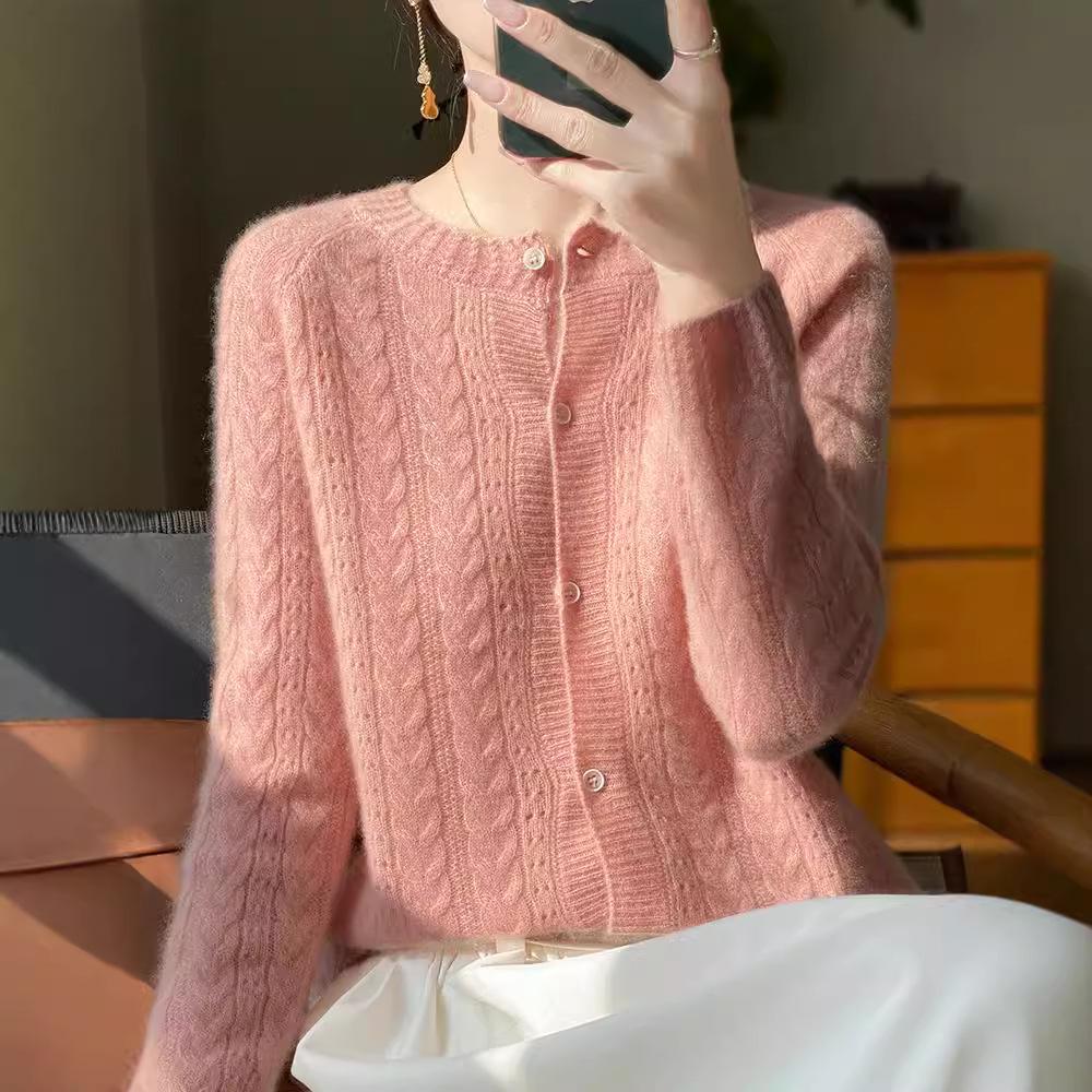 Cardigan tricotat cablu ajurat din lână 100% pentru femei - Croială lejeră pentru toamnă/iarnă