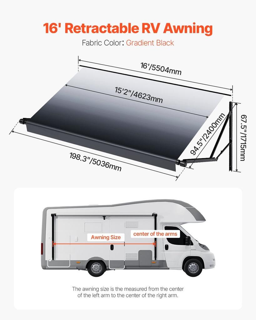 16' RV Replacement Awning Electric Trailer Awning for Most DC12V RVs