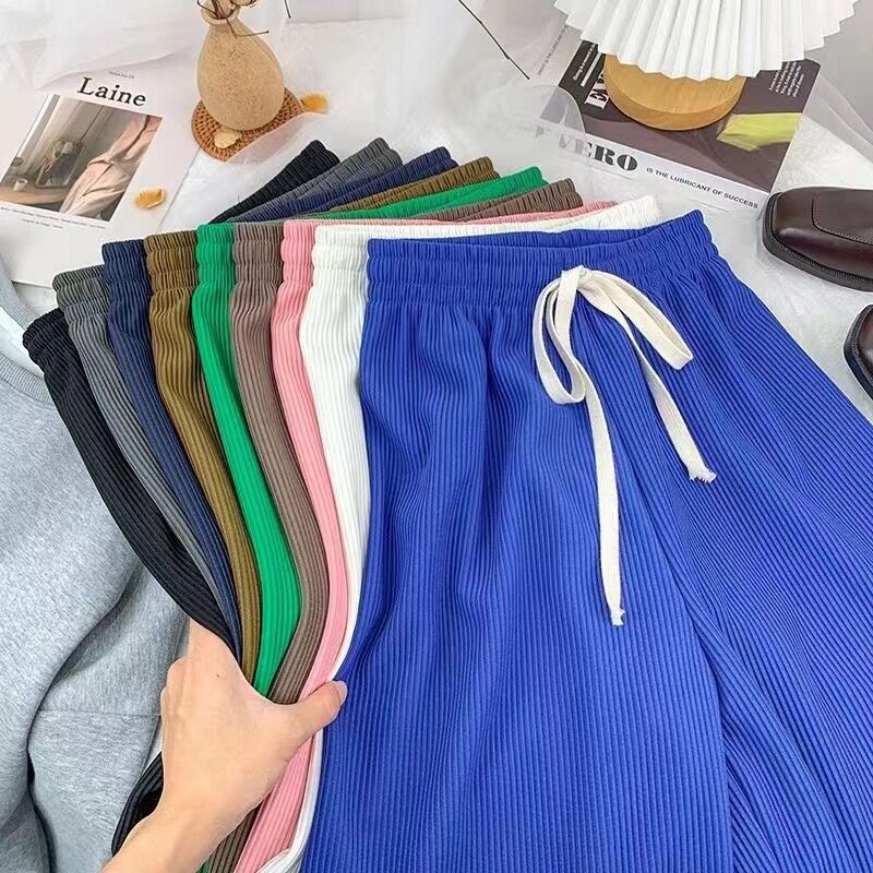 Women Wide Leg Pants High Waisted Casual Loose Fit Ribbed Knit Trousers with Drawstring