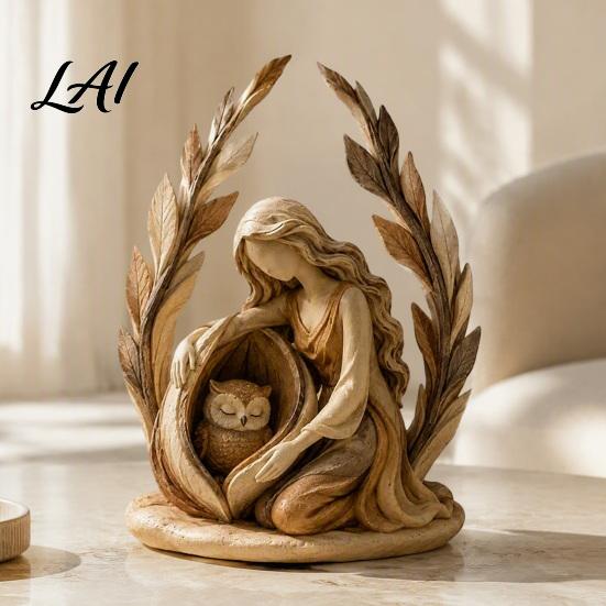 Resin Animal Sculpture Woodland Guardian Figurine Rustic Forest Woman with Fox Deer Owl Artistic Keepsake Boho Tabletop Ornament for Shelf