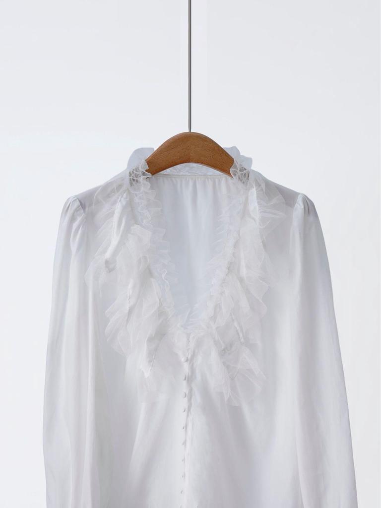 Premium Purple Label: 2026 Spring Silk-Cotton Blend French Style Ruffle V-Neck Bell Sleeve Shirt