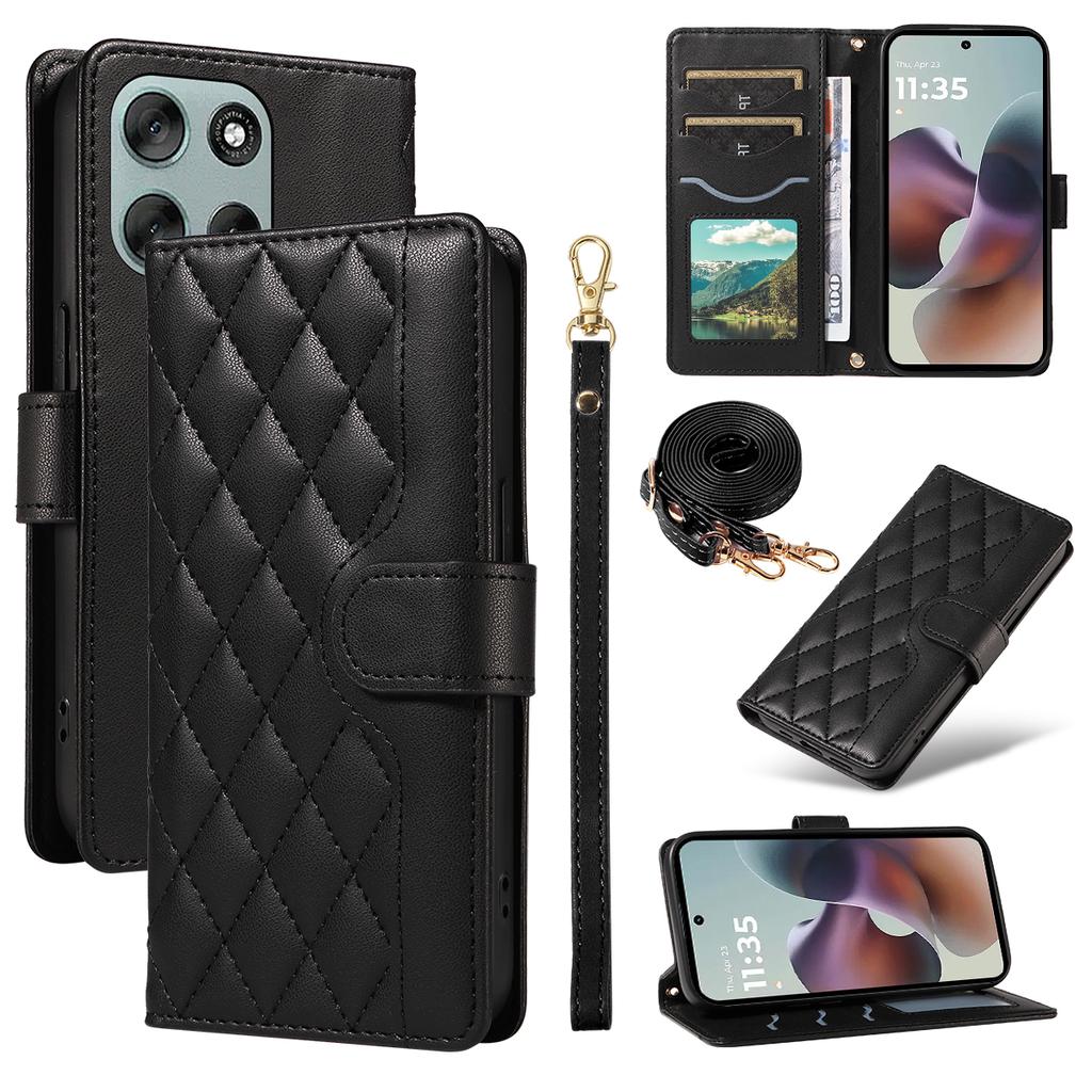 For Motorola Moto G56 5G Wallet Case Rhombus Leather Phone Cover with Strap