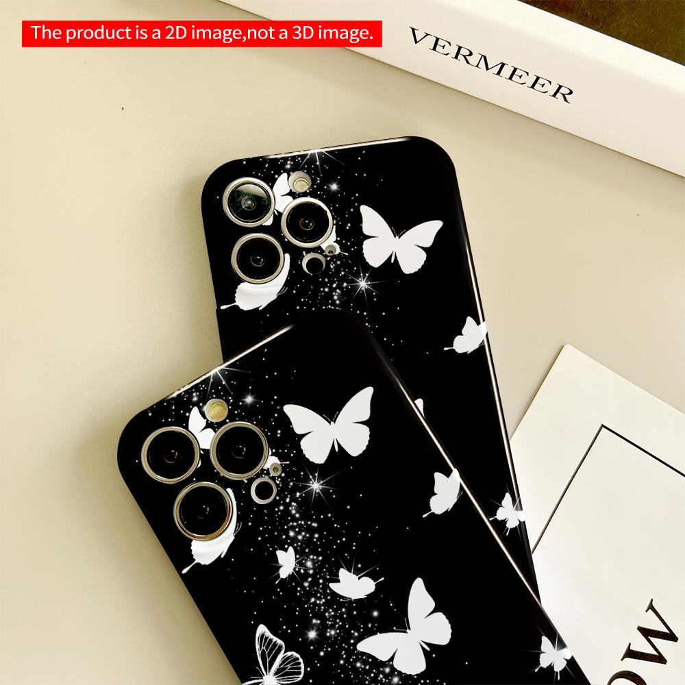 White Butterflies Sparkle On Black Background All Inclusive Film Hard Phone Case, Compatible with iPhone 18 Pro Max 17 16 15 14 13 12 11