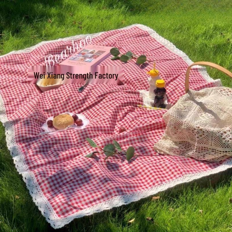 Red Plaid Outdoor Picnic Mat: Thick, Moisture-Proof, Insulated, Lace Trim, Portable for Camping, Photography & Beach.