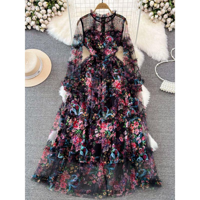 Accessible Luxury Long Sleeves A- line Dress Elegance Wide Hem Gauzy