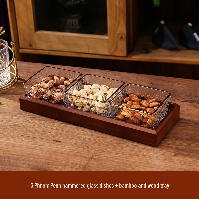 Hammered Glass Divided Serving Set with Bamboo Tray 3 Dishes + Bamboo Tray