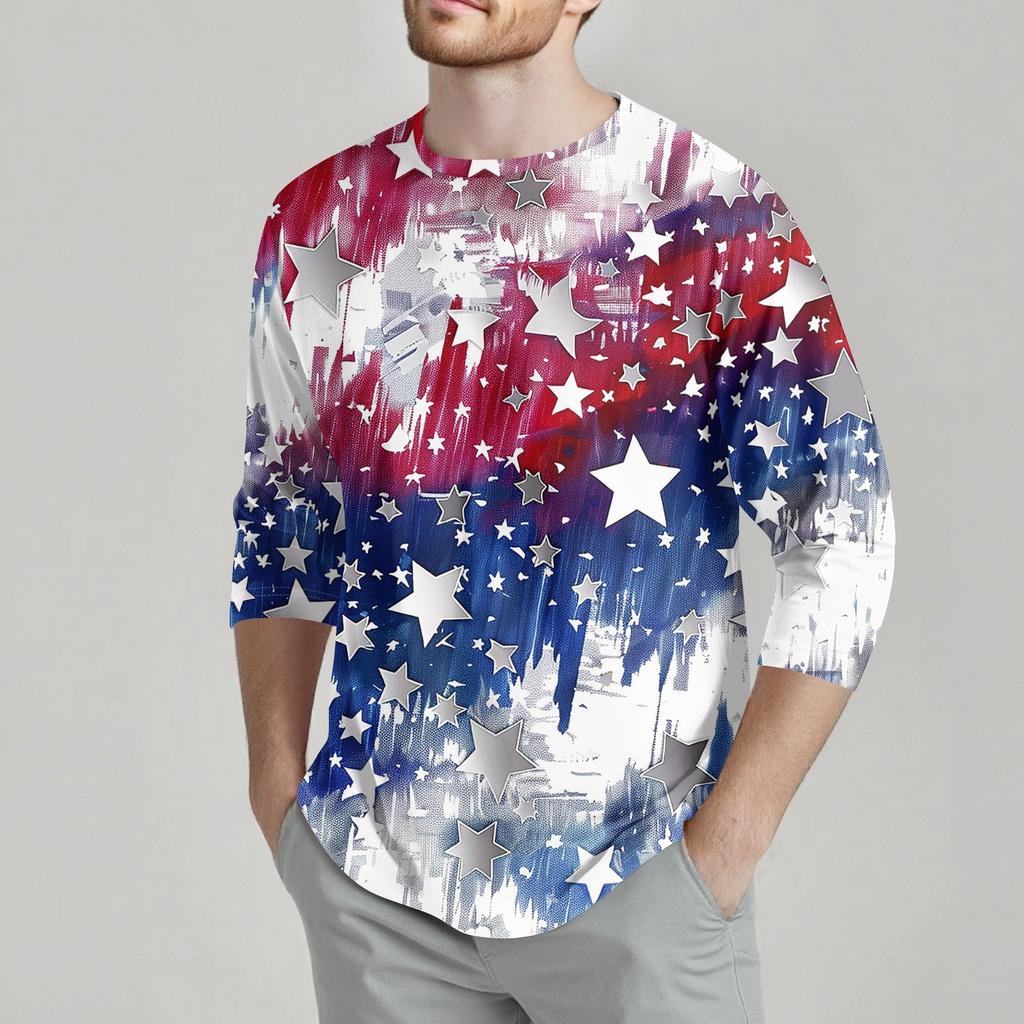 Men's Fashion Casual Independence Day Print Neck Seven-point Sleeve Top T-shirt