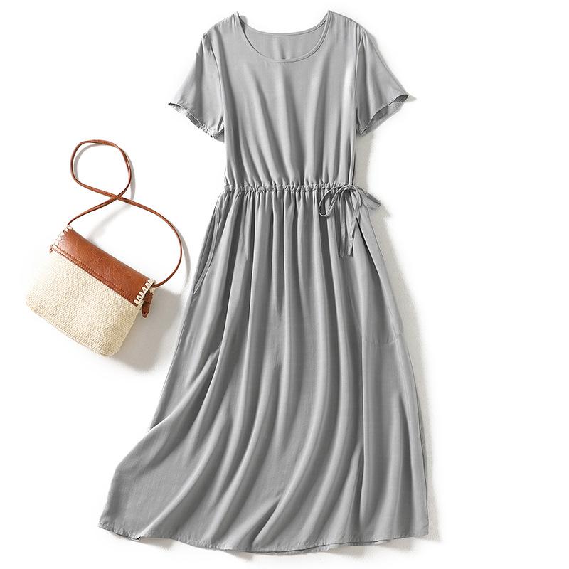 

2025 summer new round neck short-sleeved solid color Tencel dress women s small drawstring waist medium and long skirt 2XL сірий колір