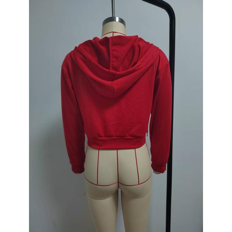 Damen Casual Kapuzenpullover mit Reißverschluss, Cropped, Unifarben, Schmal geschnitten, Langarm