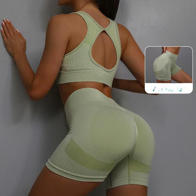 Summer Women Fitness Workout Clothes Solid Colour Sportswear Sleveless Vest Knit Biker Shorts Yoga Set