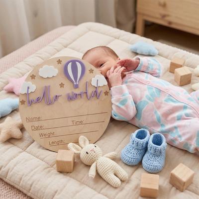 15Cm Round 3D Natural Wood With Raised Acrylic Lettering Hello World Birth Announcement Plaque, Photo Prop For Kids