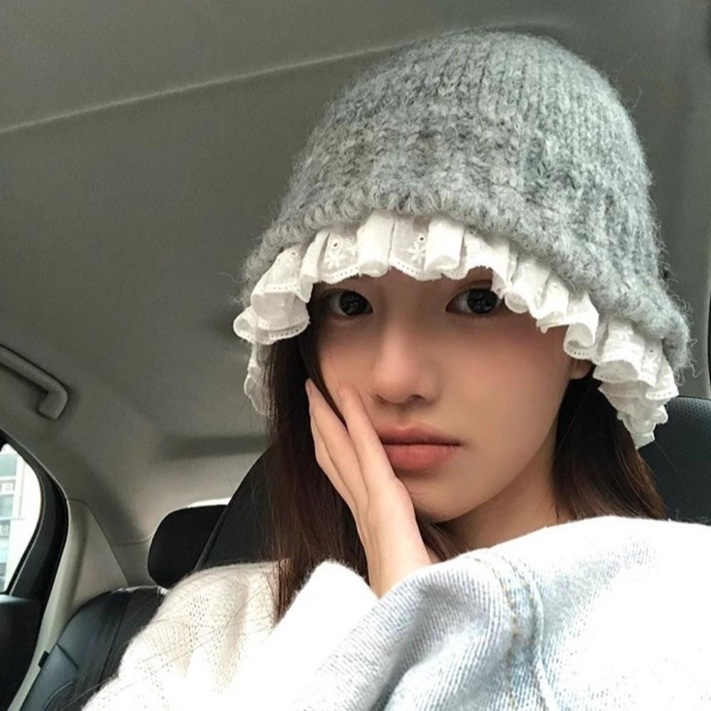 Solid Color Knitted Fisherman Hat Yarn Beanie Hat Sweet Women Bucket Hat  Women