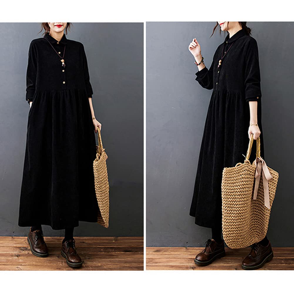 Corduroy Shirt Loose Long Maxi Plus Solid with Pockets 6 [YYQ-SHOP] Women's Dress, Fit, Sleeves, Length, Spring, Autumn, Winter, Sizes, A-Line,
