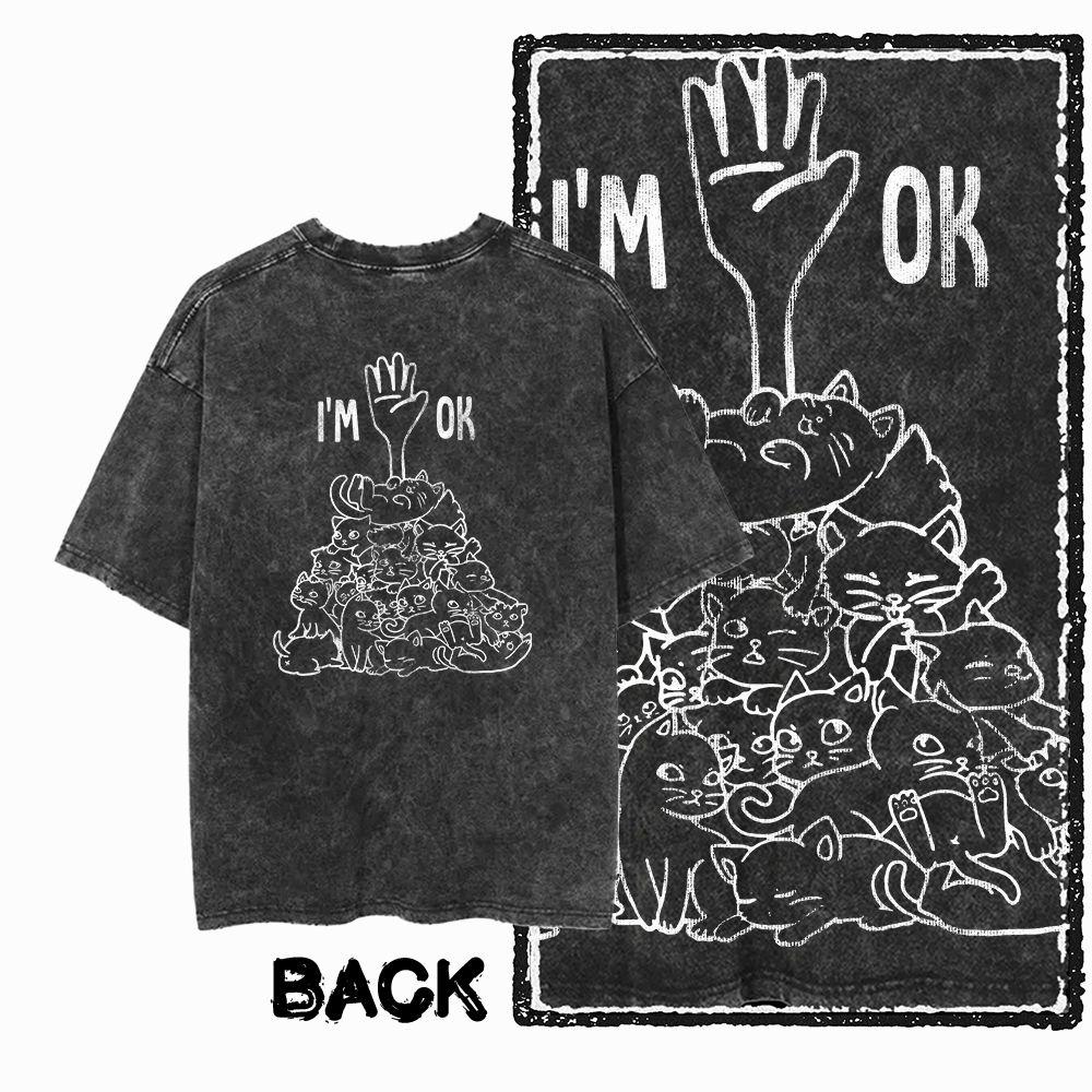 G Back Print Acid Washed Cotton oneck Cat Graphic Unisex Tshirt Streetwear Big Size Cool Vintage Unisexs Tee Tshirt