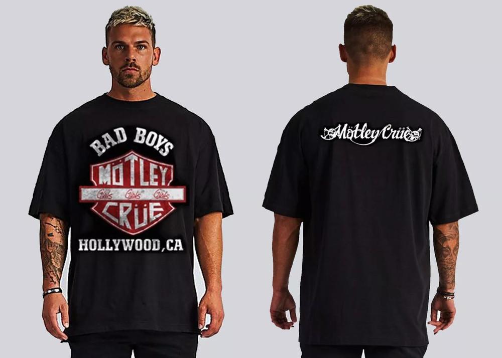 MOTLEY CRUE BAD BOYS HOLLYWOOD CA FRONT AND BACK PRINT HARD ROCK BLACK T SHIRTS Unisex T-Shirt XXL