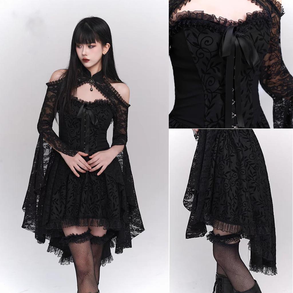AOTYP Halloween Costume Lace Top and Fishnet A sickly cute dress perfect for and Perfect for parties and Size Women's 3-Piece Set Tights. witches,