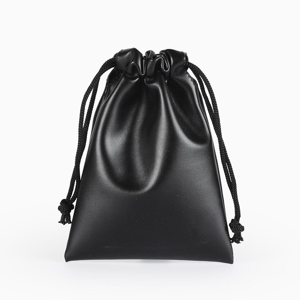 Waterproof Black PU Leather Drawstring Bag for Phone, Earphone, Data Cable, and Jewelry Storage