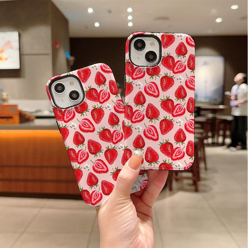 Pink Base Fresh Strawberry Tiny Flower Print Soft Silicone Phone Case Cute Girly Fruit Aesthetic Shockproof Protective Cover For All Iphone Models