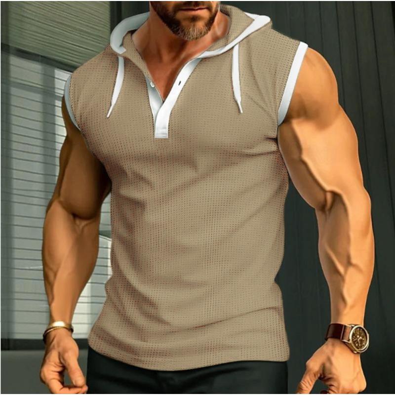 Men White Waffle Knit Sleeveless Hoodie Henley Tank Top with Black Trim