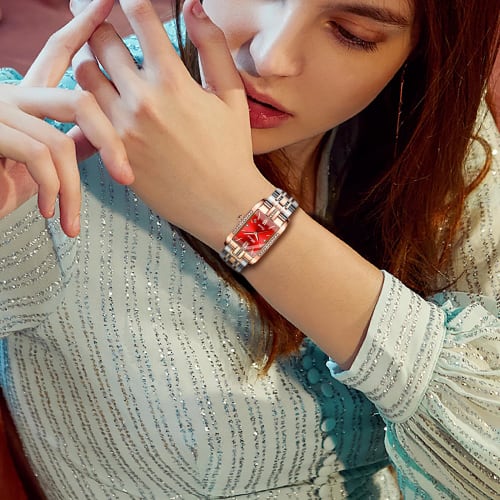 Women's Square Diamond Watch: Dainty Replica Watch with Zirconia, Roman Numerals, Quartz Movement, Calendar, Date Display, Stainless Steel Strap, Red,