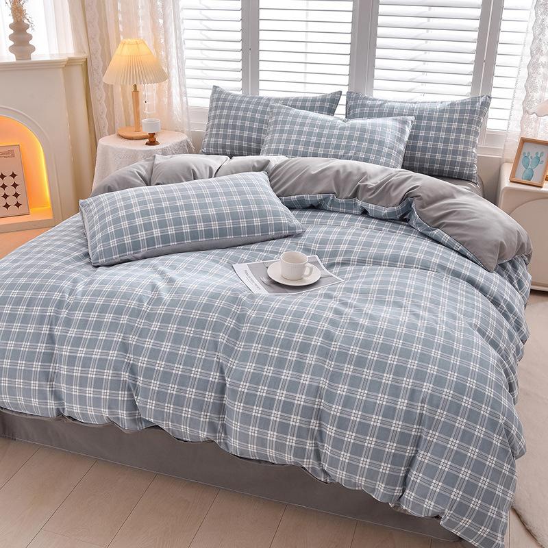 Plaid Solid Color Thickened Brushed Bed Sheet Four-piece Set Quilt Cover Single Piece Washed Cotton Dormitory Bedding Three-piece Set