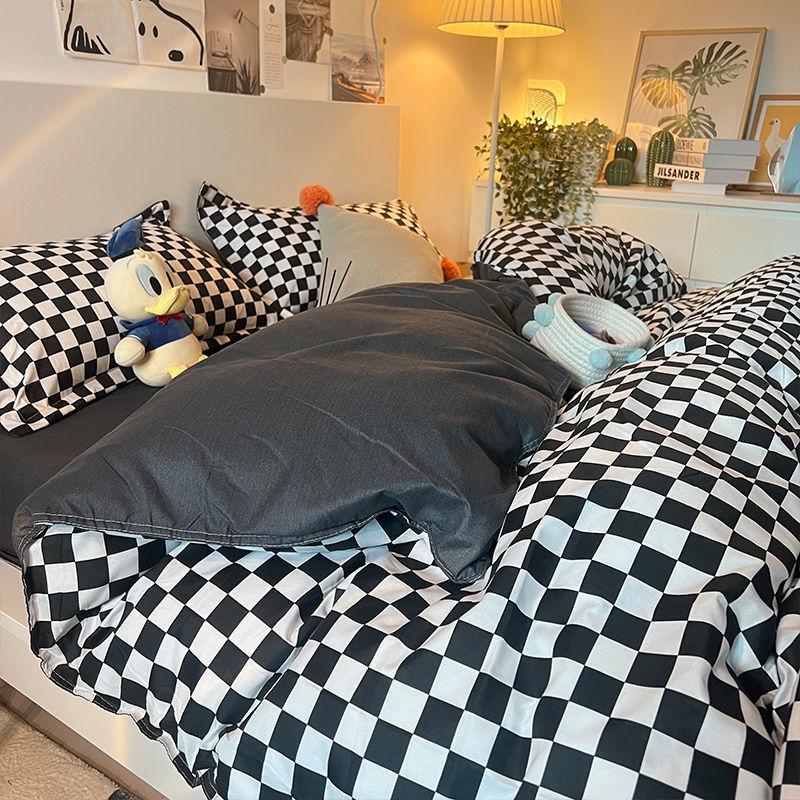 Three-piece Set Korean Girl Heart Cute Rabbit Berry Four-piece Set Simple Checkerboard Bed Sheet Blue Quilt Cover