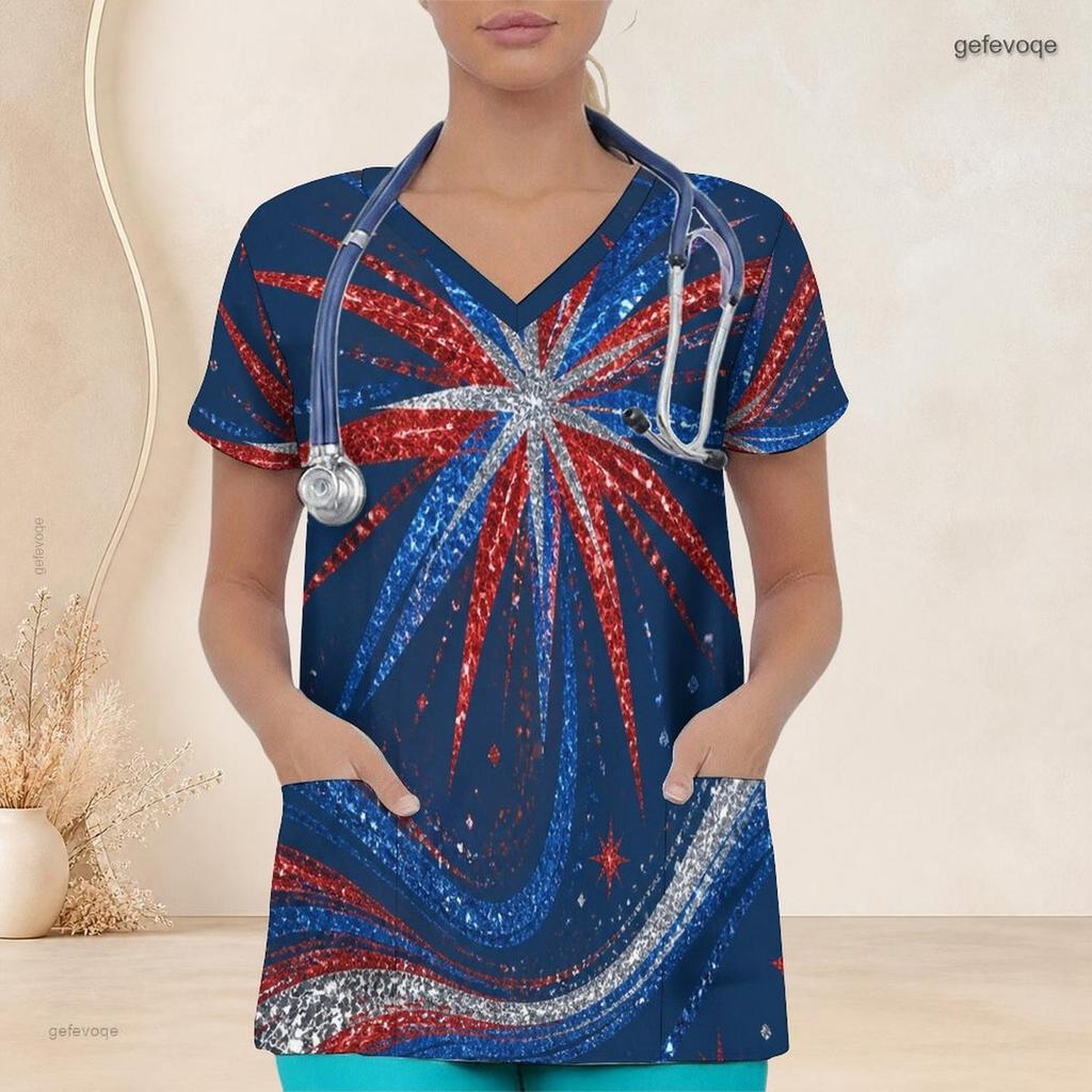 Women Plus Size Printed Nurse Scrub Top V Neck Short Sleeve With Front Pockets Navy Blue Red Silver Firework Print