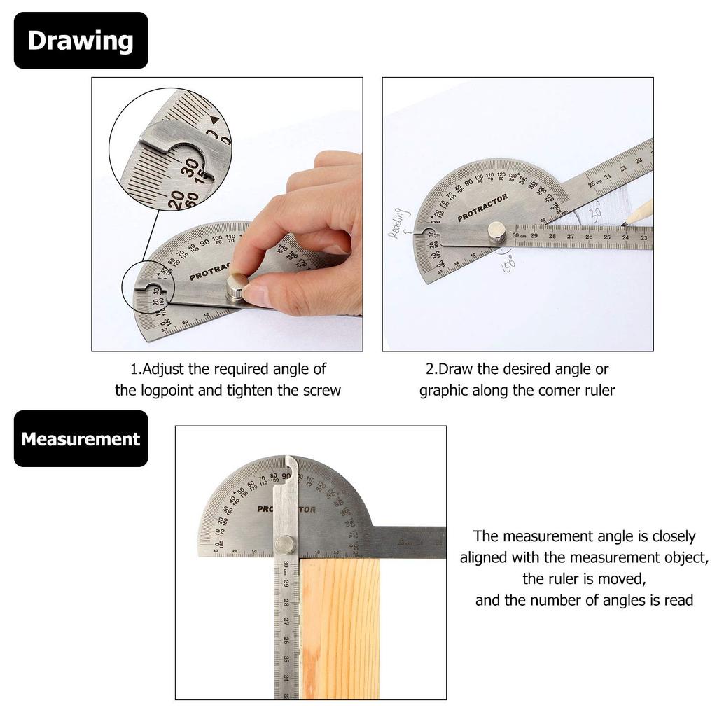 Angle Protractor Angle Finder Ruler Two Arm Stainless Steel Protractor Woodworking Ruler Measure Tool with 0-180 Degrees(30 Cm/ 11.8 Inch)