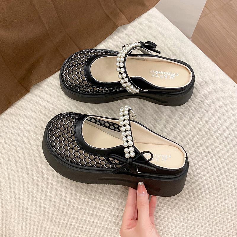 Thick-soled Bag Head Half Slippers Women's Summer Fashion Hole Sandals Lightweight Height-increasing Breathable Hollow Mesh Shoes