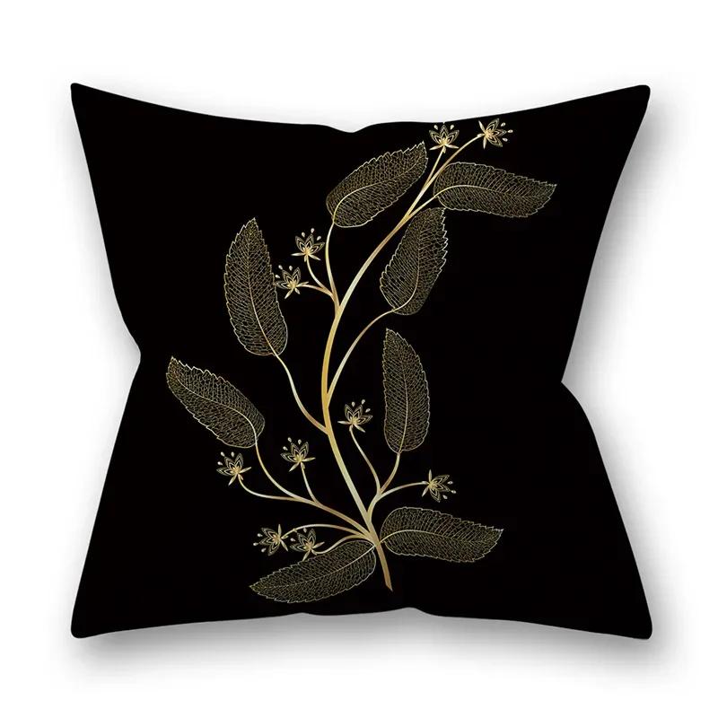 45x45cm Golden Feather Black Pillowcase Custom Leaves Plants Cushion Cover Sofa Living Room Home Decor Square Pillowslip