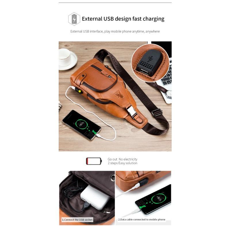 New 100% Genuine Leather Chest Bag Men's Fashion Style Casual Crossbody Bags With USB Large Capacity Men's Shoulder Bag
