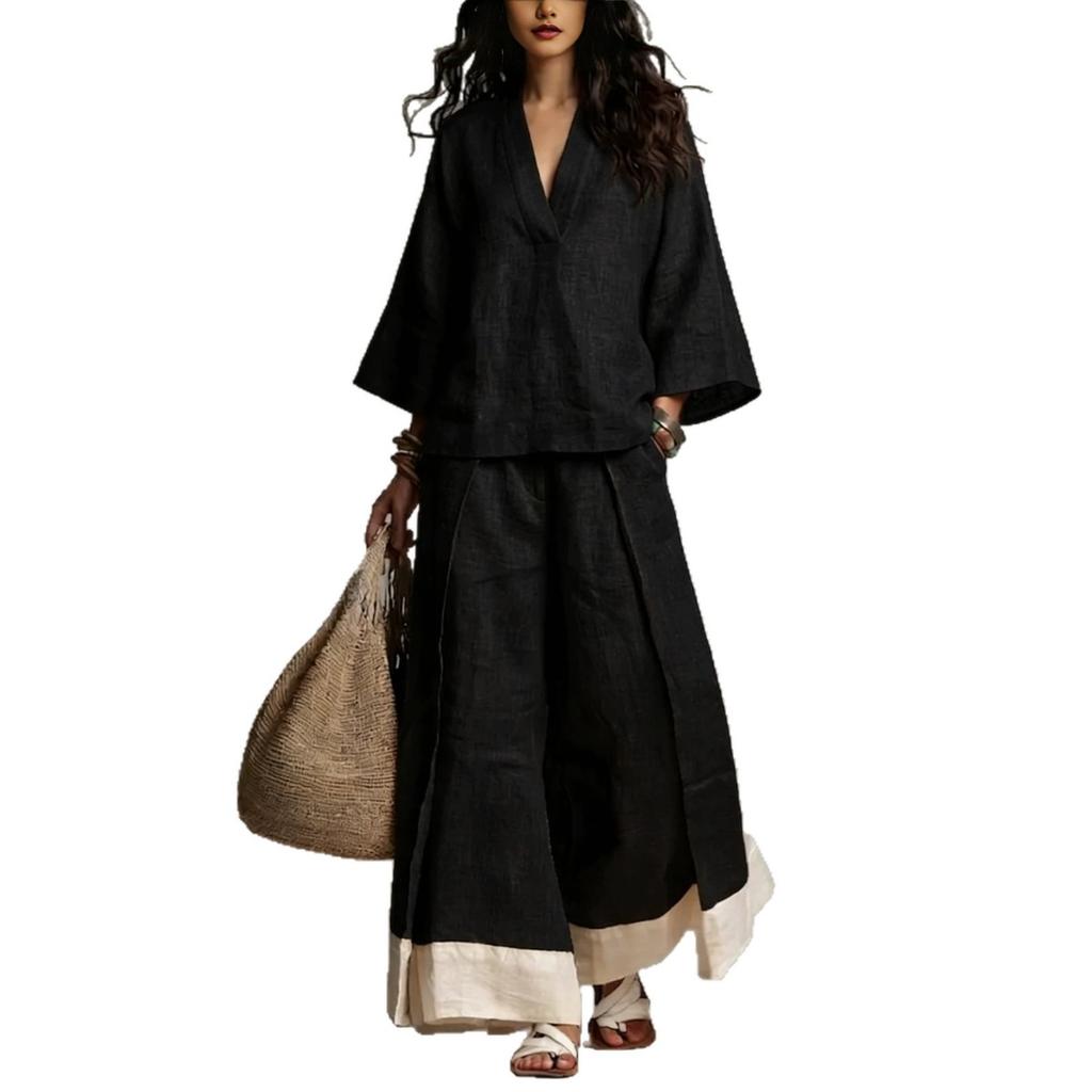Women's Spring Summer French Linen Cotton Set V Neck 3/4 Sleeve Shirt + Color Block Wide Leg Pants Outfit