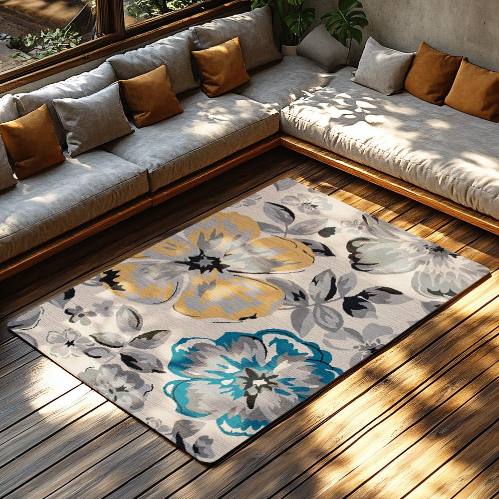 Cream Floral Bohemian Rug, Multicolor Pattern Non-Slip Carpet, Cozy Living Room Mat for Vintage Home Decor