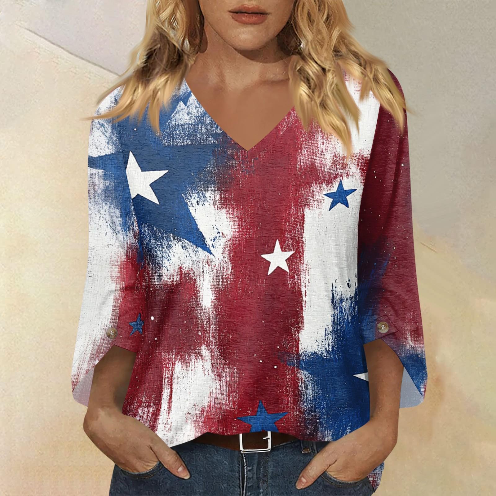 

Womens V Neck Three Quarter Sleeve Casual Top with Printed Graphic Loose Fit Lightweight Pullover for Everyday Wear XL