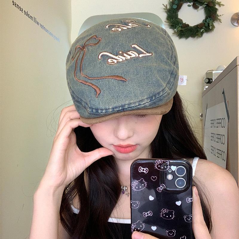 Japanese Retro Bow Washed Denim Beret Women'S Summer Versatile Big Head Circumference Forward Hat Showing Face Small Painter Hat