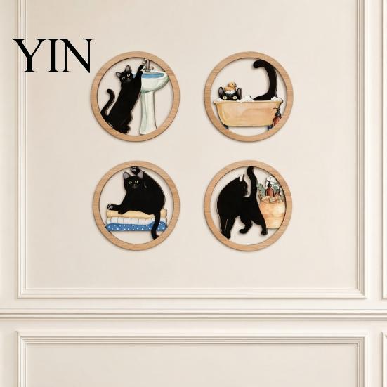 Rounded Corner Wood Art 4 Pcs Minimalist Black Cat Wall Art, Geometric Round Circle Wooden Non-toxic Coating Decor, Abstract Hanging Sign for