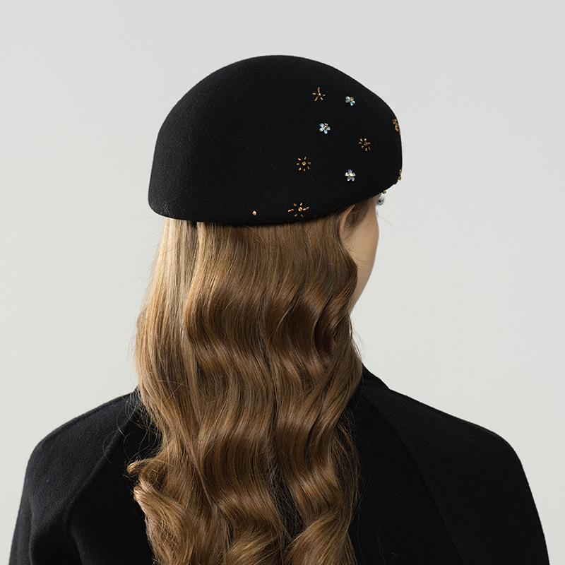 Autumn and winter new fashion wool rhinestones flower decoration British bud hat elegant women's hat