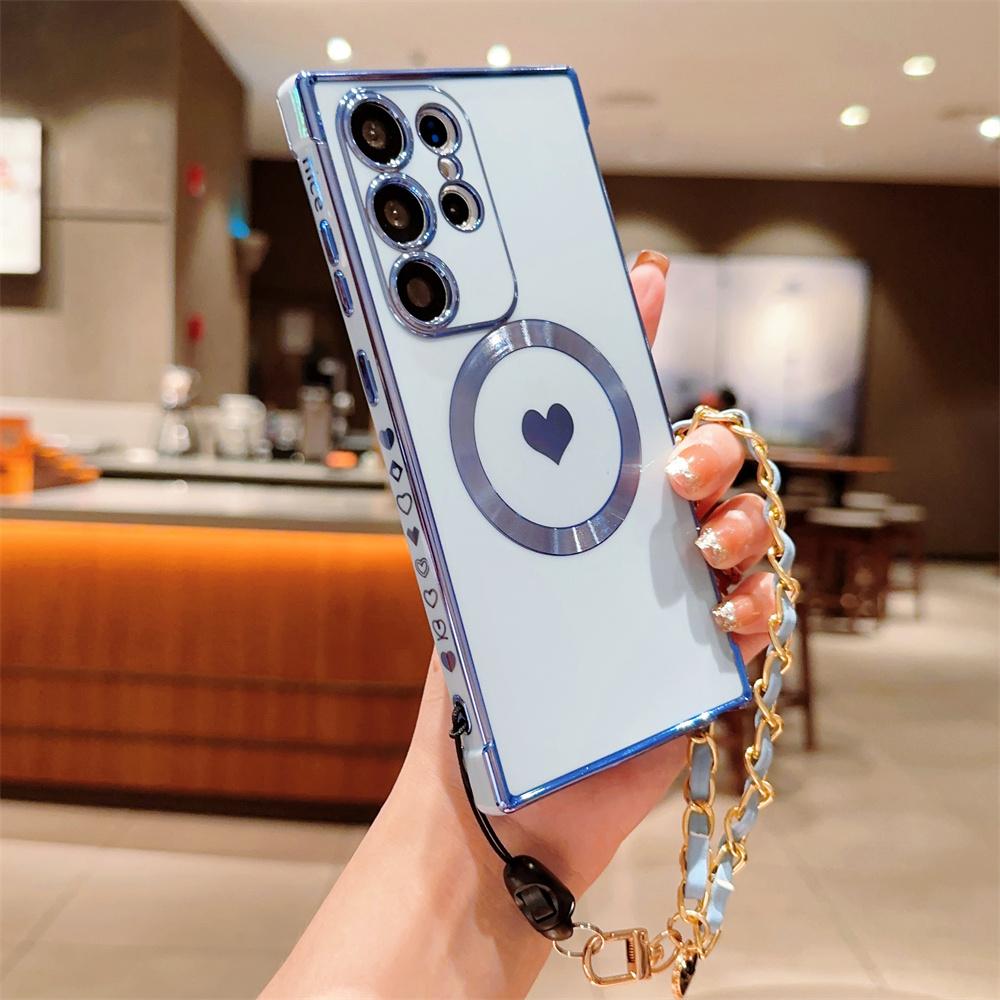 For Magsafe Love Heart Wrist Chain Case for Samsung Galaxy S25 S24 Ultra S22 Plus S23 S21 S20 FE Magnetic Bracelet Plating Cover