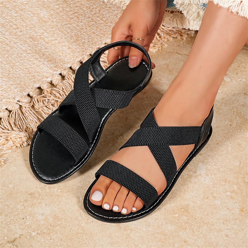 Women’s Plus Size Cross Strap Round Toe Casual Sandals with Elastic Upper and Flat Sole for Comfortable Wear