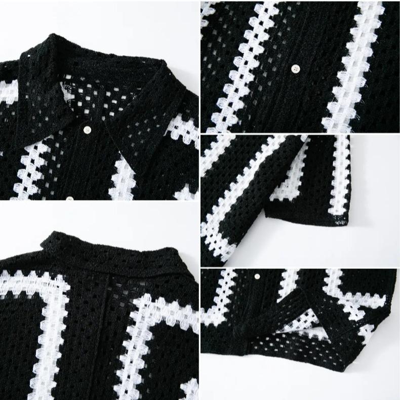 Men's Summer Vacation Vintage Knit Golf Beach Shirts Top Knitted Crochet Short Sleeve Shirts Casual Button Down Hollow Out Collared Shirt Tops for Men