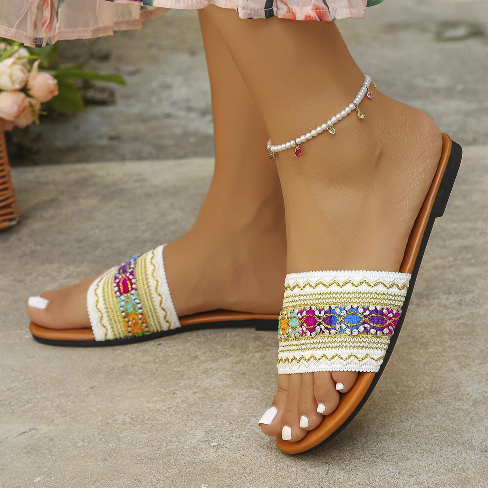 

Women s colorful woven Bohemian flat bottomed casual slippers 40 бежевый
