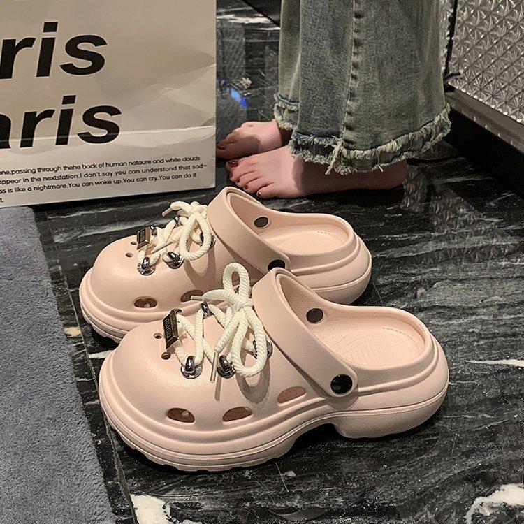 Platform women's shoes 2025 new beach sandals lace-up hole shoes Platform sole casual and comfortable versatile one-pedal sandals