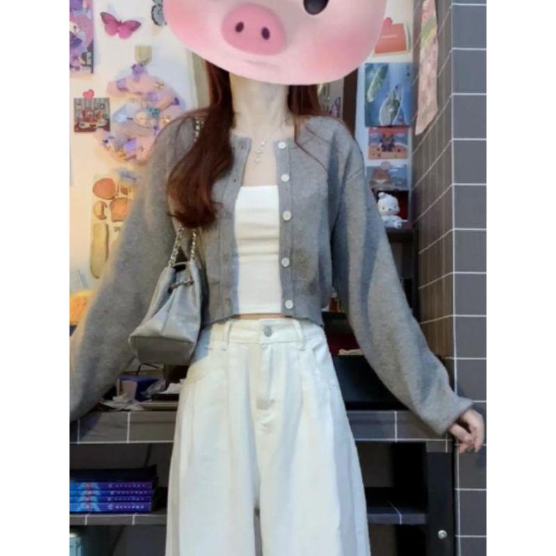

Шикарный вязаный кардиган, нишевый стиль, короткий свитер Gray M [Suggested 45.00 kg-52.50 kg]]