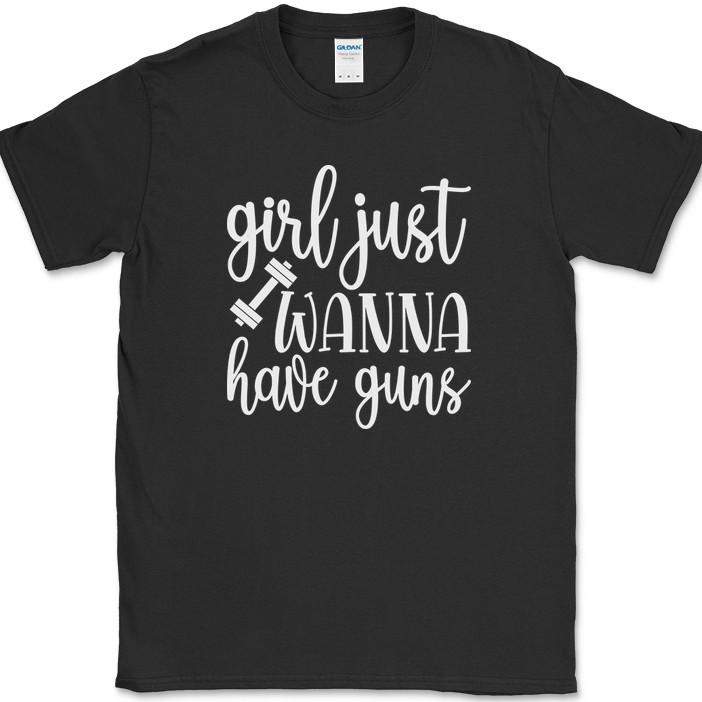 Girl Just Wanna Have Guns T-Shirt Funny Gym Fitness Lifting Workout Text Tee XL