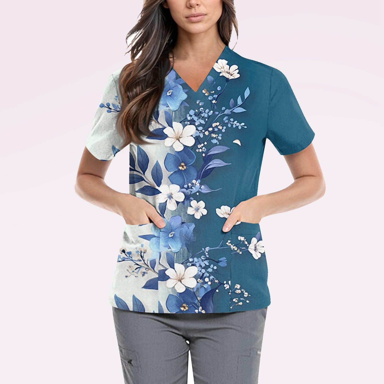 

Женская симпатичная принтованная рабочая одежда с V-образным вырезом, двухслойными карманами, базовым коротким рукавом, пуловером L синий