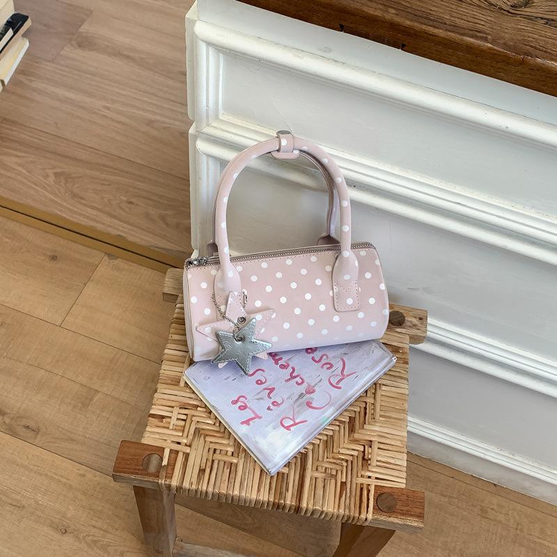 French Vintage Polka Dot Shoulder Bag for Women Sweet PU Leather Crossbody Bag Underarm Pillow Bag with Star Pendant