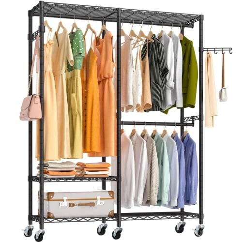 AZAKBL Heavy-Duty Clothes Rack, 2-Tier, Large Capacity, with Casters, Closet/Wardrobe Storage, Rust-Resistant, Easy Assembly, Adjustable Height, Space