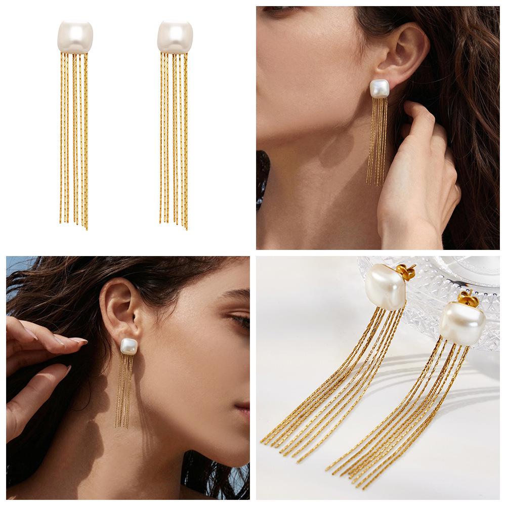 18K Gold Plated Stainless Steel Geometric Pearl Tassel Earrings - Versatile European & American Fashion Style