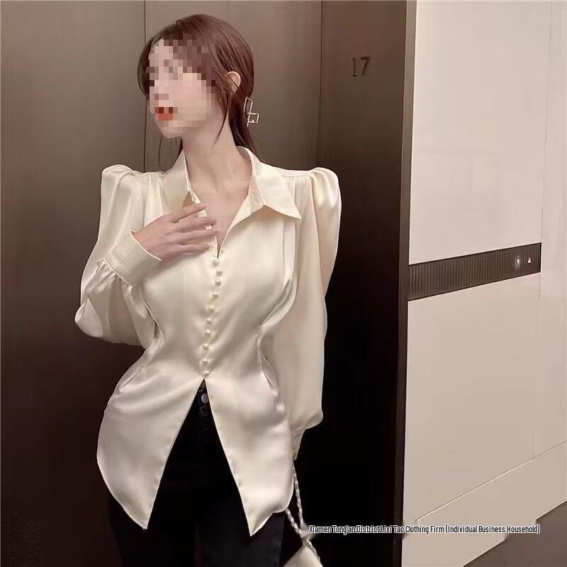 Chic French Autumn Puff Sleeve Slit Waist-Hugging Long Sleeve Top for Women