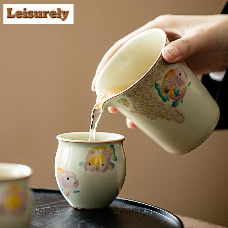 2pc/set Cream Ru Kiln Ceramic Tea Cup Chinese Goldfish Koi Fish Master Cup Tasting Egg Tea Bowl Chinese Kung Fu Teaset 90ml
